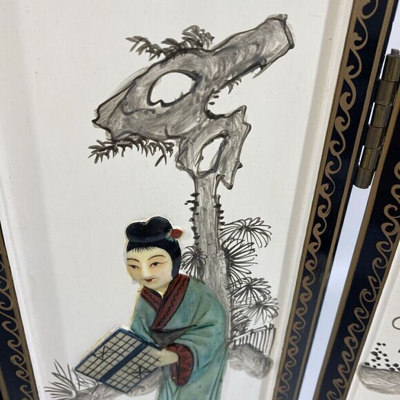 Vtg Asian Handpainted 4 Panel Tabletop Screen Three Dimensional Carved Women 14” - Picture 8 of 12
